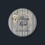 Rustic Wreath Floral Glitter Wedding    Magnet<br><div class="desc">On a rustic grey wood backdrop are glittery gold drops raining down  on an elegant gold floral hibiscus wreath where you can customize it creating romantic farmhouse chic.  Perfect for any wedding gift party favor.  Part of the stylish trendy wedding gifts collection.</div>