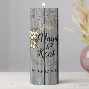 Rustic Wreath Floral Glitter Wedding Personalized Pillar Candle