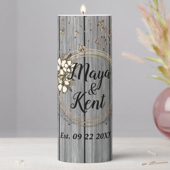 Rustic Wreath Floral Glitter Wedding Personalized Pillar Candle (In Situ)