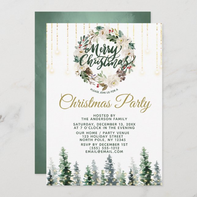 Rustic Wreath Forest Lights Christmas Party Invitation (Front/Back)