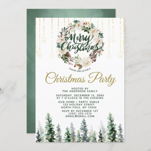 Rustic Wreath Forest Lights Christmas Party Invitation