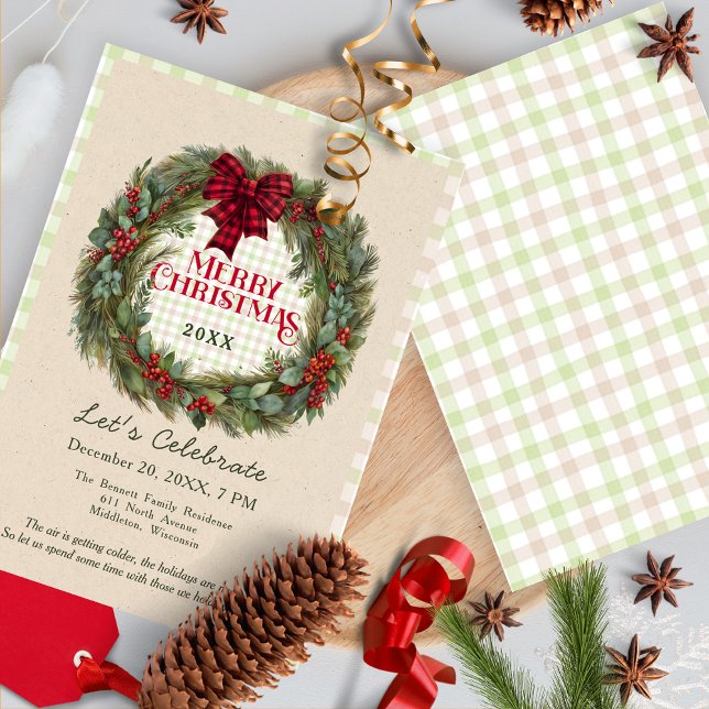 Rustic Wreath Gingham Christmas Party Invitation (Creator Uploaded)