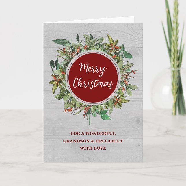 Rustic Wreath Godson & Family Merry Christmas Card (Front)