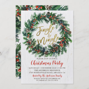 Rustic Wreath Gold Jingle & Mingle Christmas Party Invitation