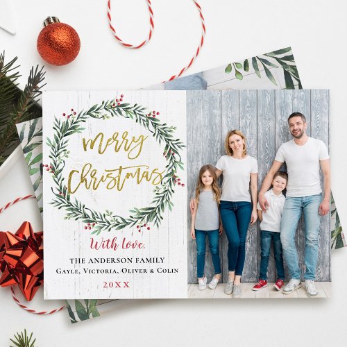 Rustic Wreath Gold Merry Christmas 2 Photo Holiday Card
