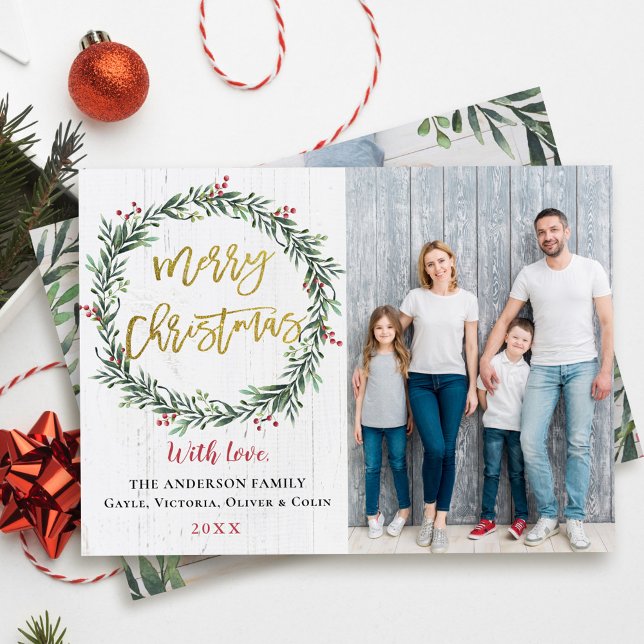 Rustic Wreath Gold Merry Christmas 2 Photo Holiday Card (Creator Uploaded)