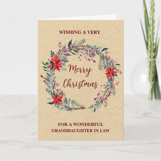 Rustic Wreath Granddaughter In Law Merry Christmas Card (Front)