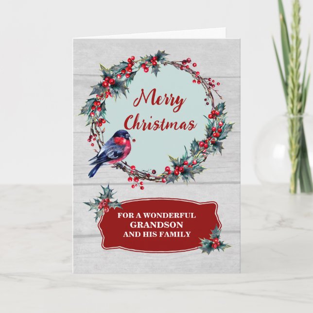 Rustic Wreath Grandson & Family Merry Christmas Card (Front)