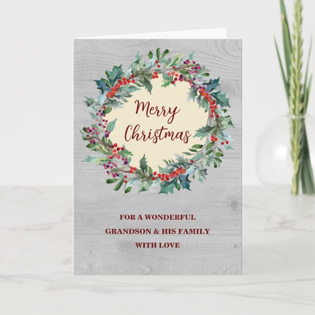 Rustic Wreath Grandson & Family Merry Christmas Card (Front)