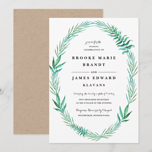 Rustic Wreath Greenery Wedding Invitation (Front/Back)