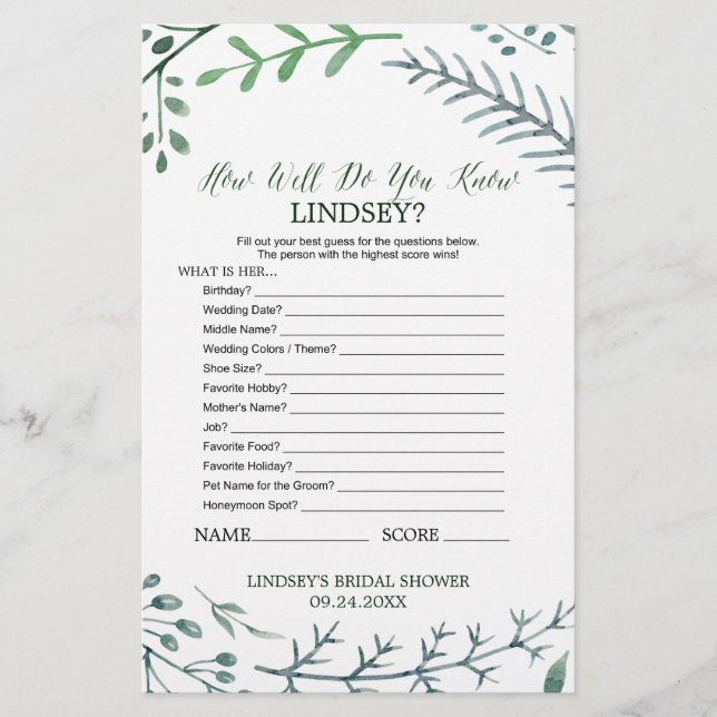 Rustic Wreath How Well Do You Know The Bride Game (Front)