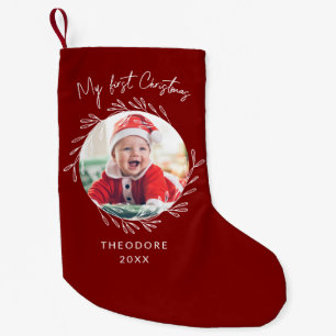 Rustic Wreath Leaf My first Christmas Baby Photo Small Christmas Stocking
