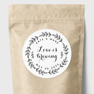Rustic Wreath Love is Brewing Wedding Coffee Favor Classic Round Sticker