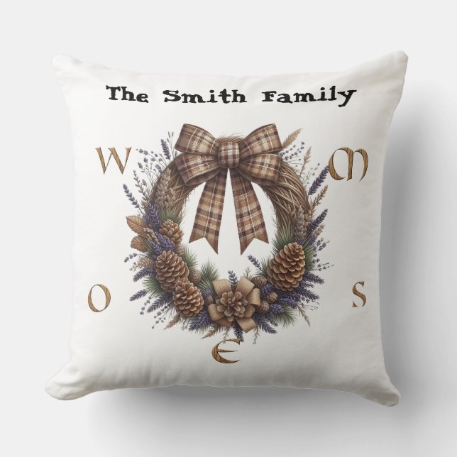 Rustic Wreath Monogram Cozy Throw pillow (Front)