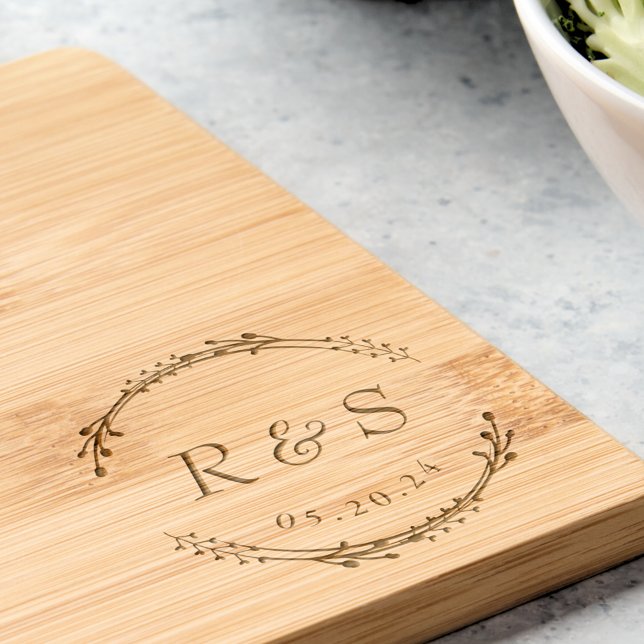 Rustic Wreath Monogram Wedding Engagement Gift Engraved Cutting Board (Creator Uploaded)