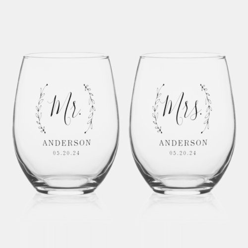 Rustic Wreath Mr and Mrs Newlywed Gift Stemless Wine Glass