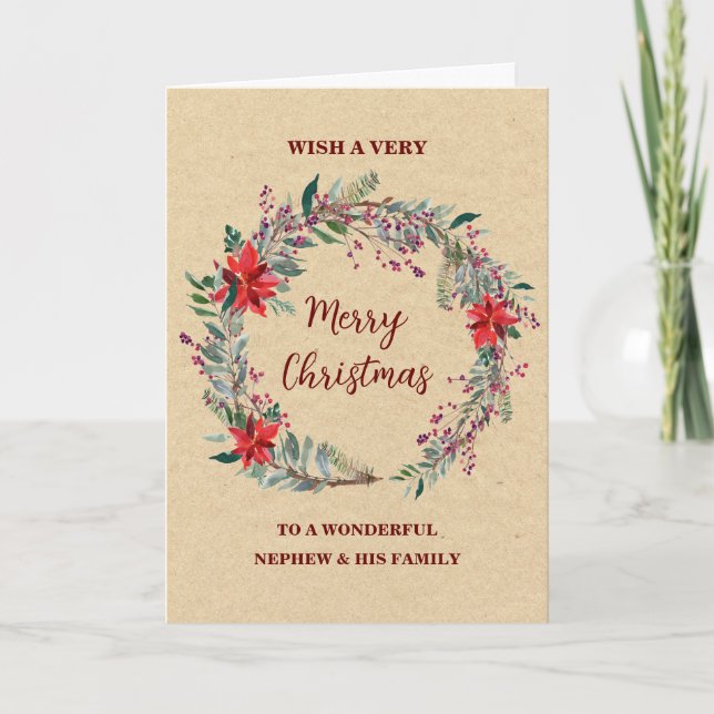 Rustic Wreath Nephew & Family Merry Christmas Card (Front)