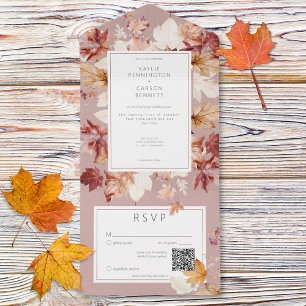 Rustic Wreath of Fall Leaves Burgundy QR Code All In One Invitation