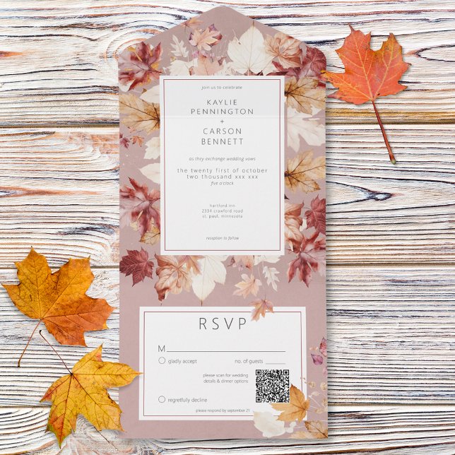 Rustic Wreath of Fall Leaves Burgundy QR Code All In One Invitation (Rustic Wreath of Fall Leaves Burgundy QR Code All In One Invitation)