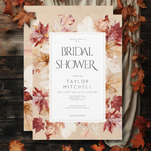 Rustic Wreath of Fall Leaves Tan Bridal Shower Invitation