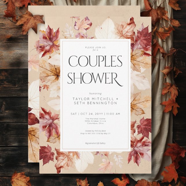 Rustic Wreath of Fall Leaves Tan Couples Shower Invitation (Rustic Wreath of Fall Leaves Tan Couples Shower Invitation)