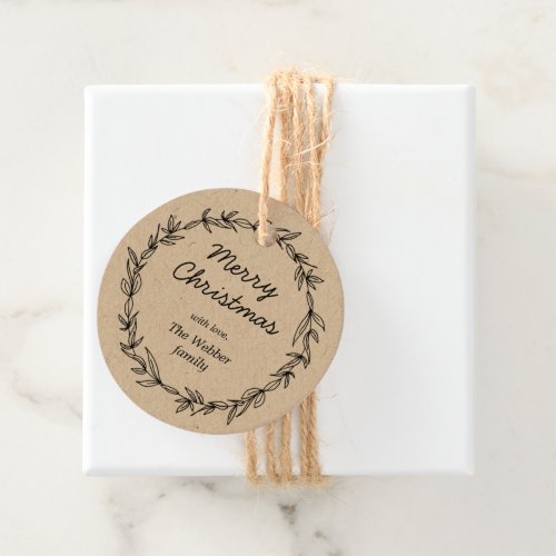 Rustic wreath on kraft christmas tag