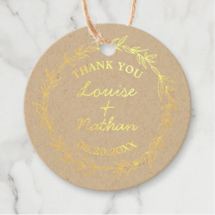 Rustic wreath on kraft gold foil favor tags