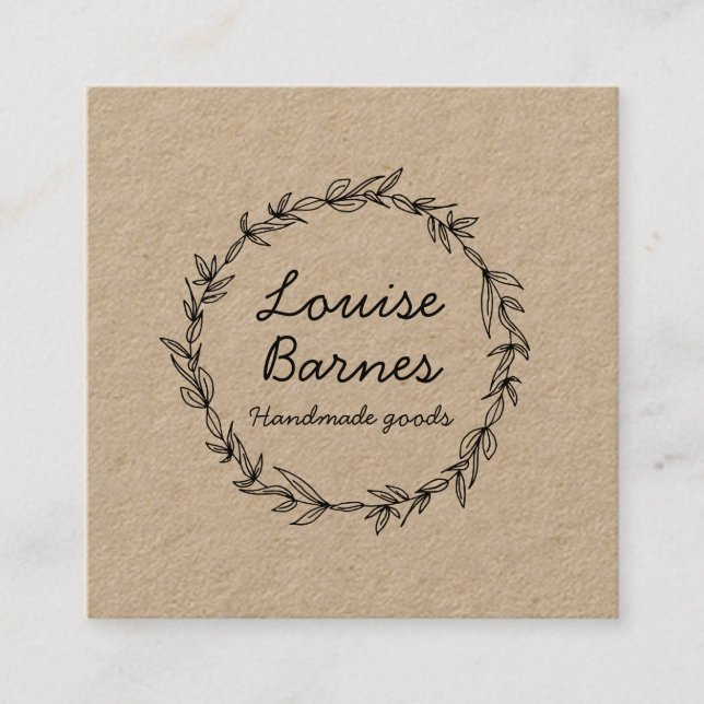 Rustic wreath on kraft square business card (Front)