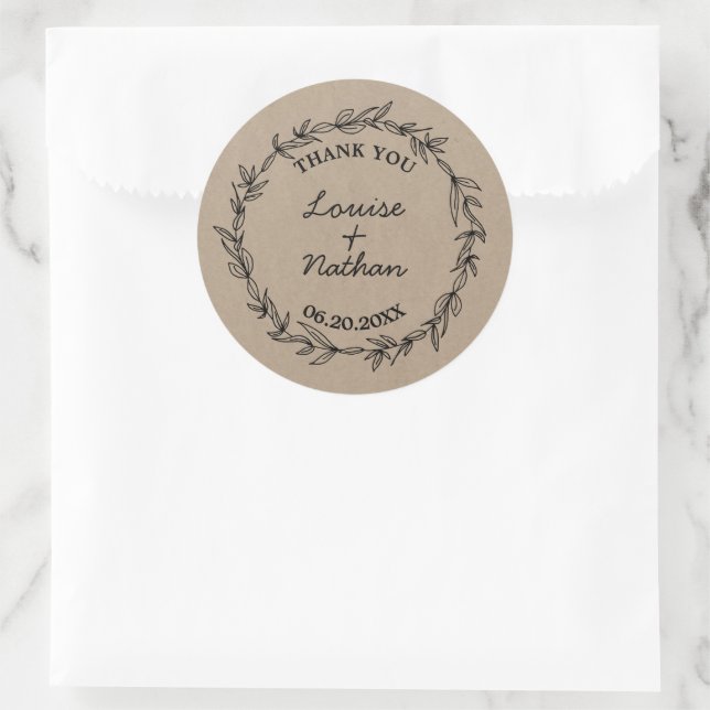 Rustic wreath on kraft wedding favor sticker (Bag)