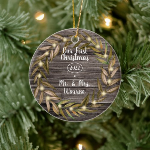 Rustic Wreath Our First Christmas Mr Mrs Photo Ceramic Ornament