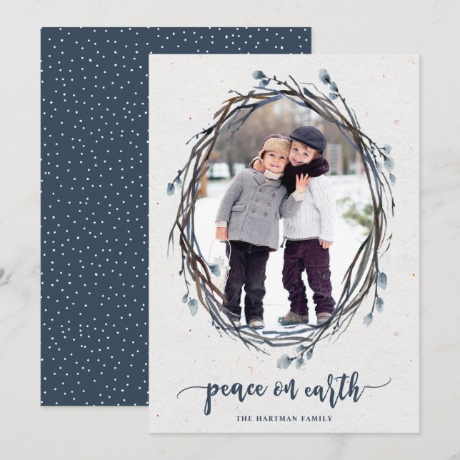 Rustic Wreath Peace on Earth Photo Navy Holiday Card (Front/Back)