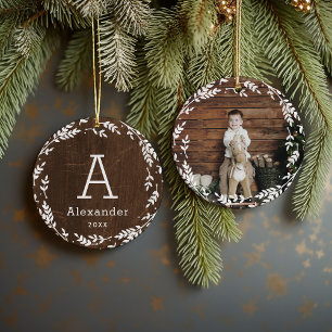 Rustic Wreath Photo and Monogram Keepsake Ceramic Ornament