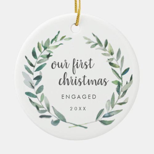 Rustic Wreath Photo Our First Christmas Engaged  Ceramic Ornament