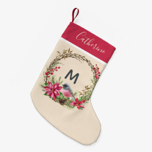 Rustic Wreath Poinsetta Bird Berries Monogram Small Christmas Stocking