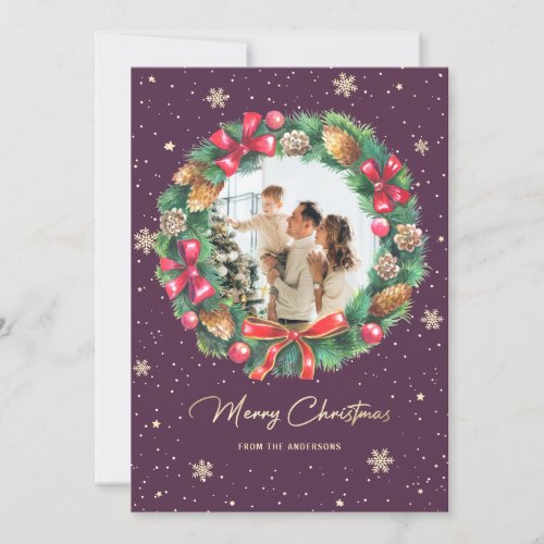 Rustic Wreath Purple Gold Photo Christmas Holiday Card