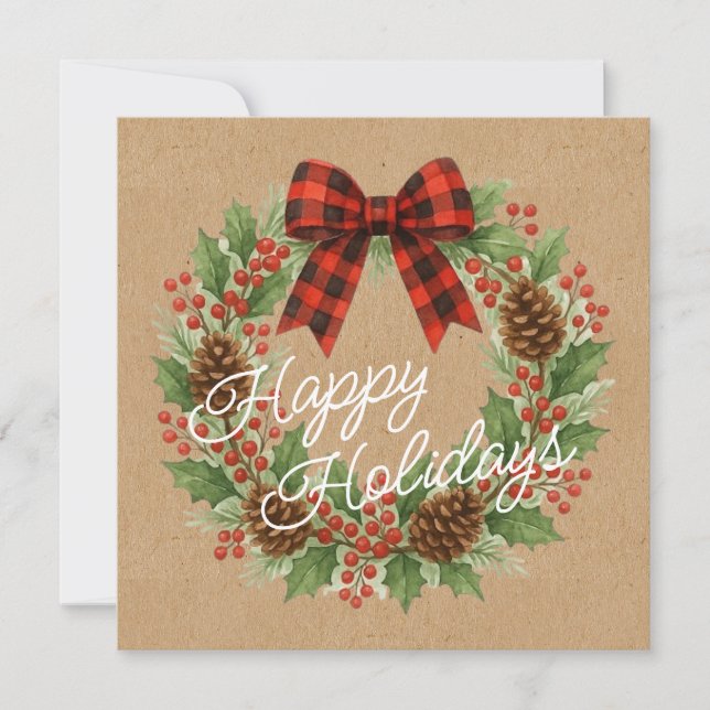 Rustic Wreath Red Black Checkered Bow Holiday Card (Front)