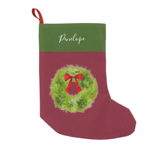 Rustic Wreath Red Green Small Christmas Stocking