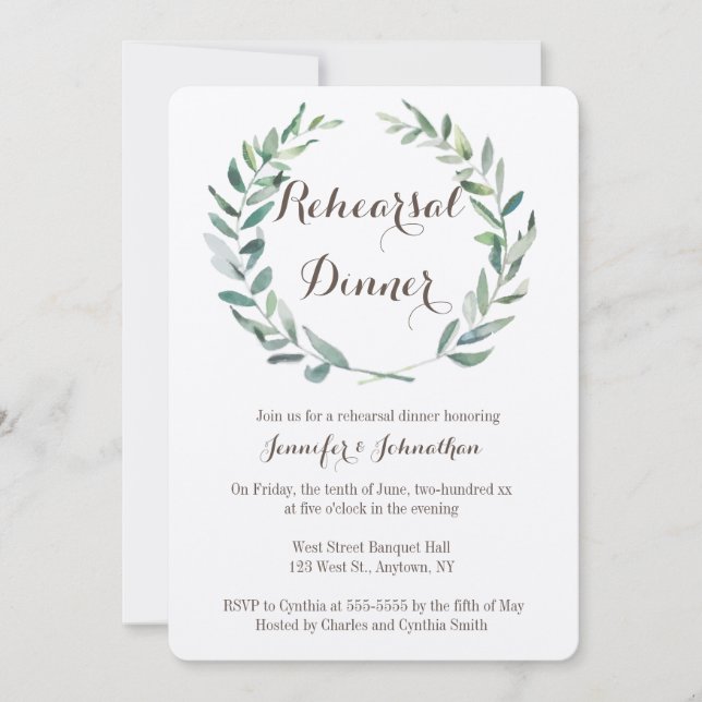 Rustic wreath rehearsal dinner invitations (Front)