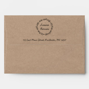 Rustic wreath return address on brown paper envelope
