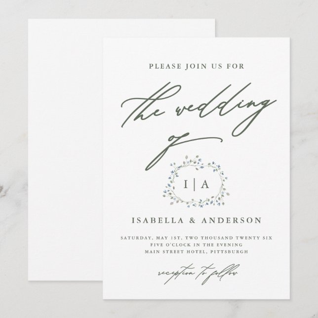 Rustic Wreath Sage Green and White Wedding Invitation (Front/Back)