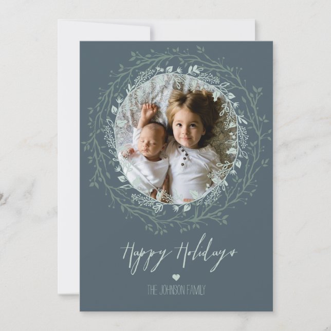Rustic Wreath & Script Elegant Holiday Photo Card (Front)