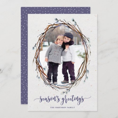 Rustic Wreath Seasons Greetings Photo Purple Holiday Card