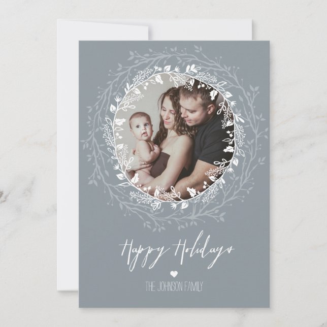 Rustic Wreath & Silver Brush Script Holiday Photo Card (Front)