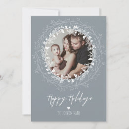 Rustic Wreath & Silver Brush Script Holiday Photo Card