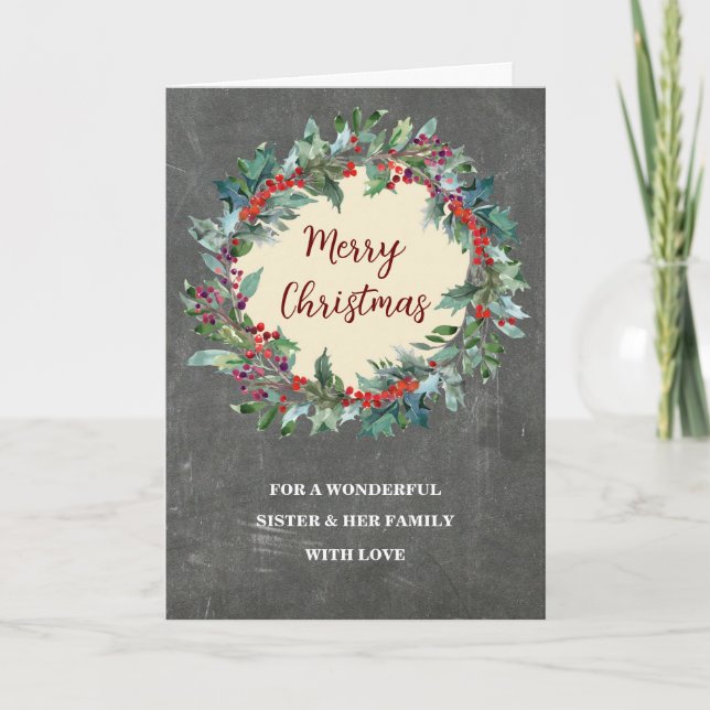 Rustic Wreath Sister & Family Merry Christmas Card (Front)