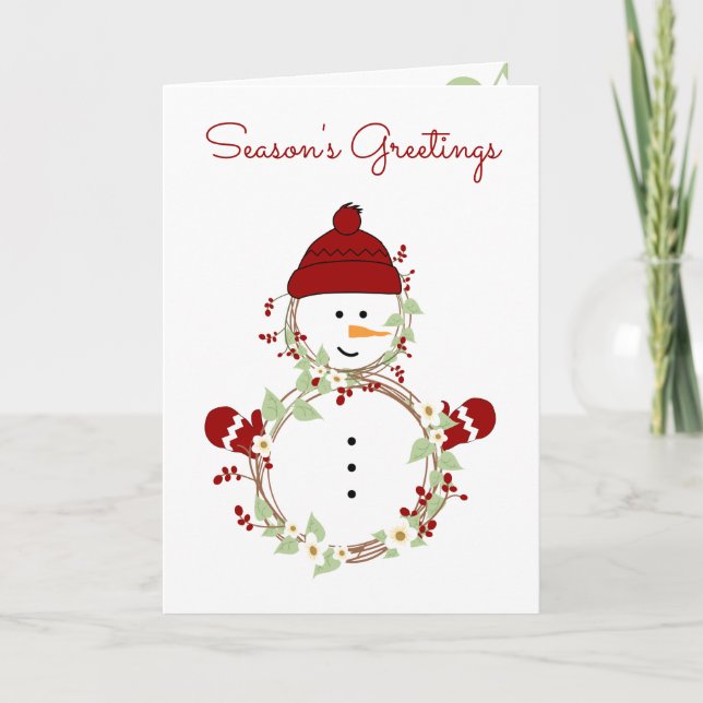Rustic Wreath Snowman with Red Hat and Mittens Holiday Card (Front)