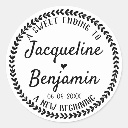 Rustic Wreath Sweet Ending New Beginning Wedding Classic Round Sticker