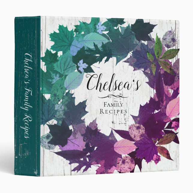 Rustic Wreath Teal Purple Family Recipe Book 3 Ring Binder (Front/Spine)