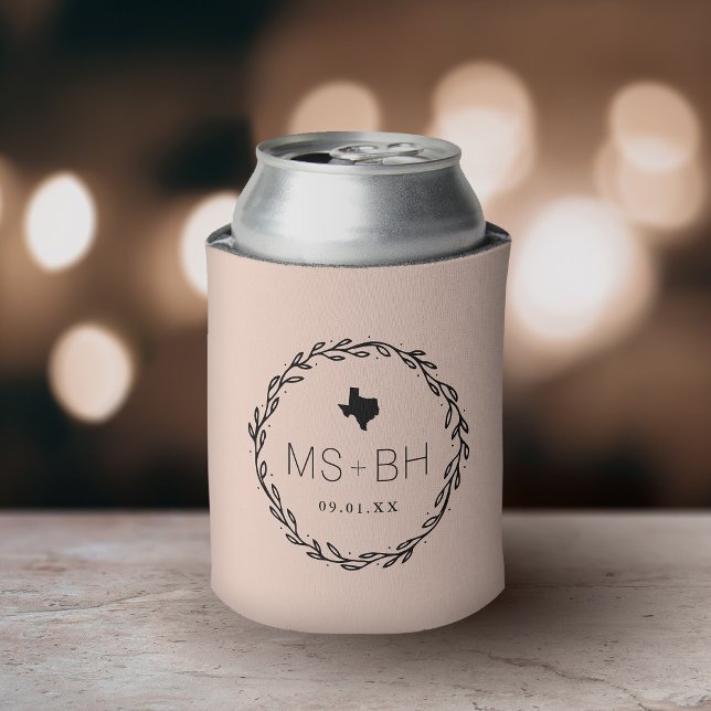 Rustic Wreath Texas Wedding Monogram | Blush Can Cooler (Creator Uploaded)