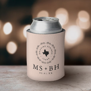 Rustic Wreath Texas Wedding Monogram Blush Can Cooler